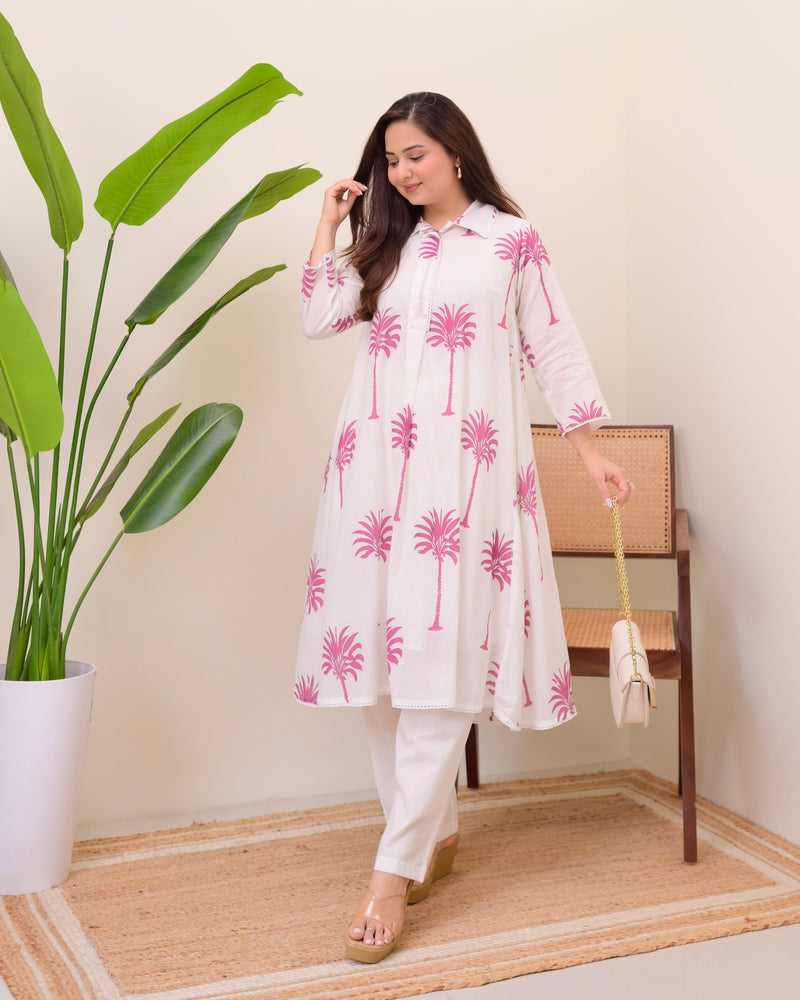 Pink Palm Breeze Mul Cotton A Line Kurta Set