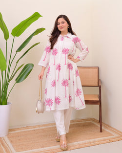 Pink Palm Breeze Mul Cotton A Line Kurta Set