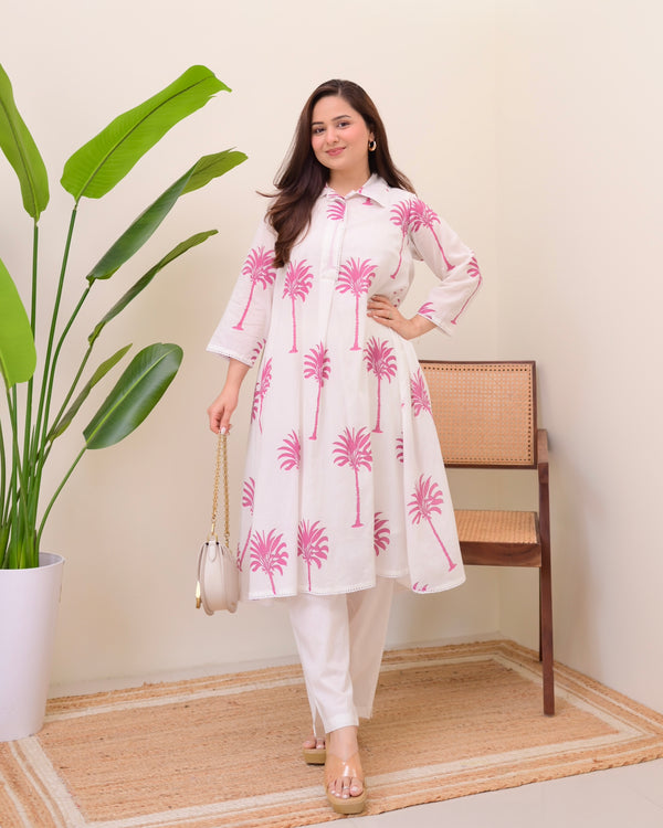 Pink Palm Breeze Mul Cotton A Line Kurta Set