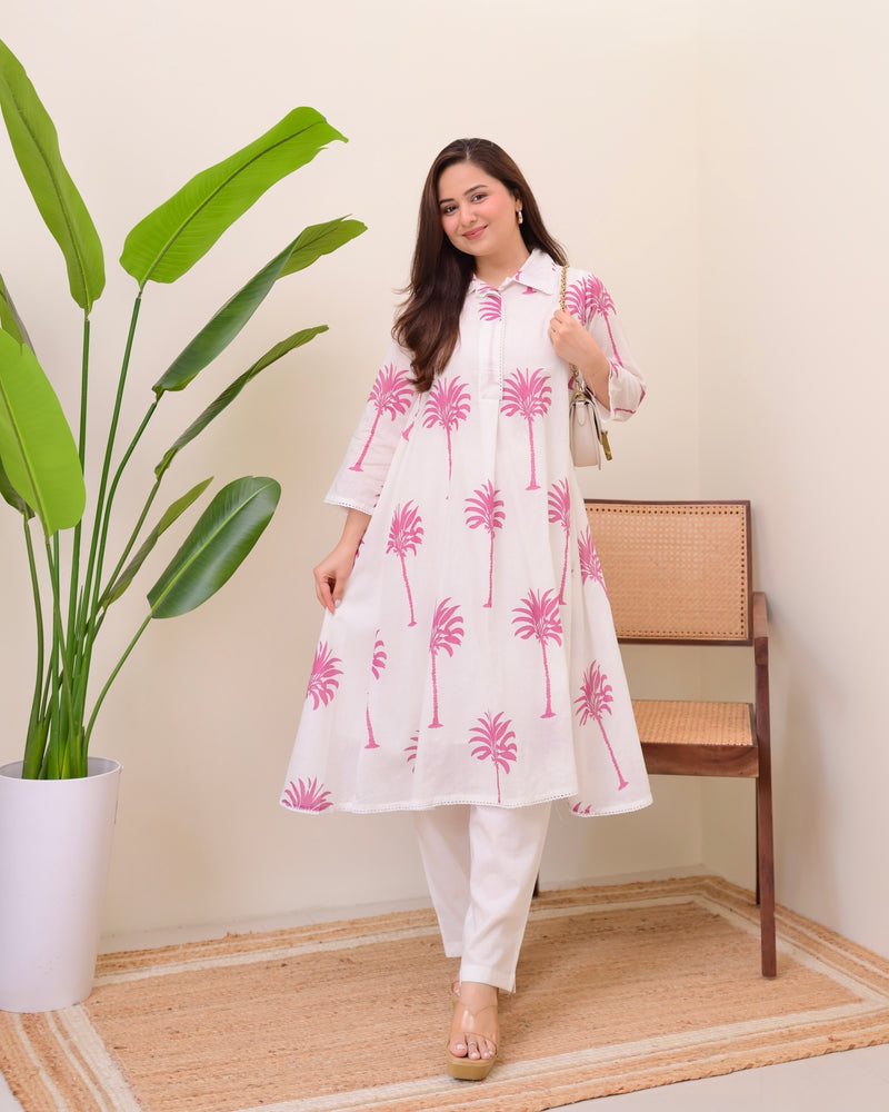 Pink Palm Breeze Mul Cotton A Line Kurta Set