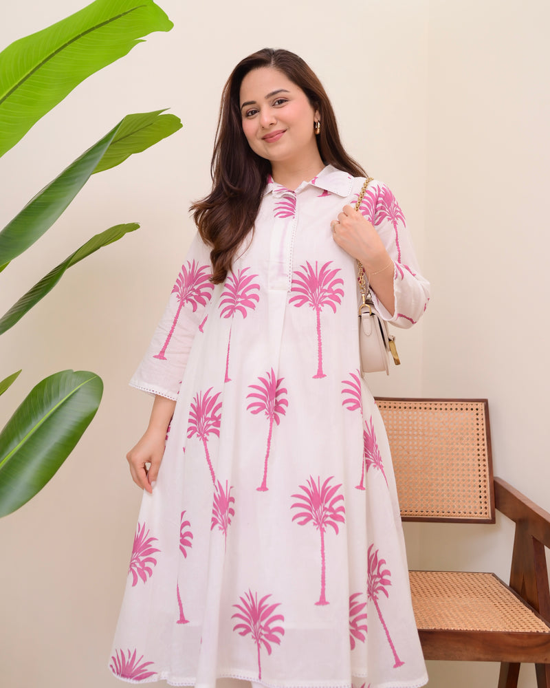 Pink Palm Breeze Mul Cotton A Line Kurta Set