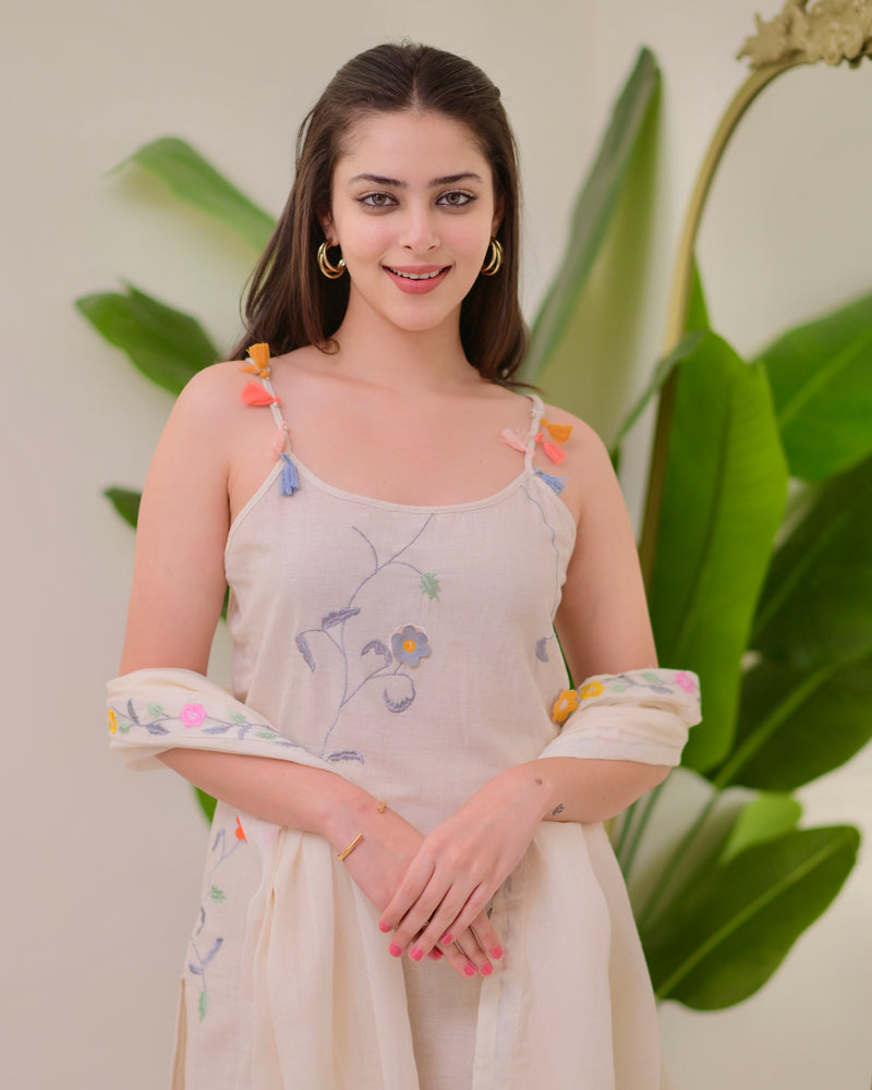 Ivory Linen Floral Threadwork Suit