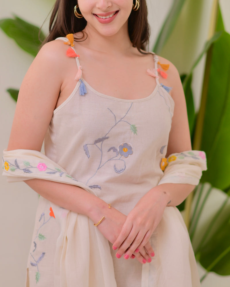 Ivory Linen Floral Threadwork Suit