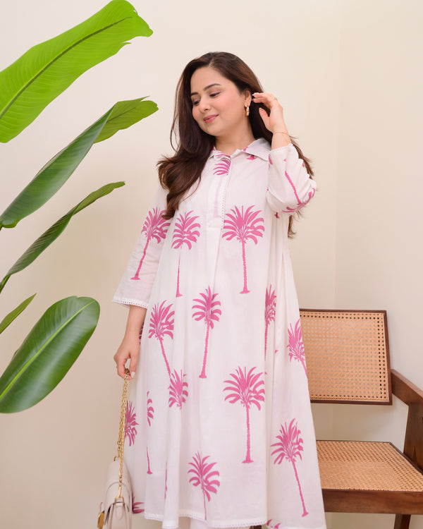 Pink Palm Breeze Mul Cotton A Line Kurta Set