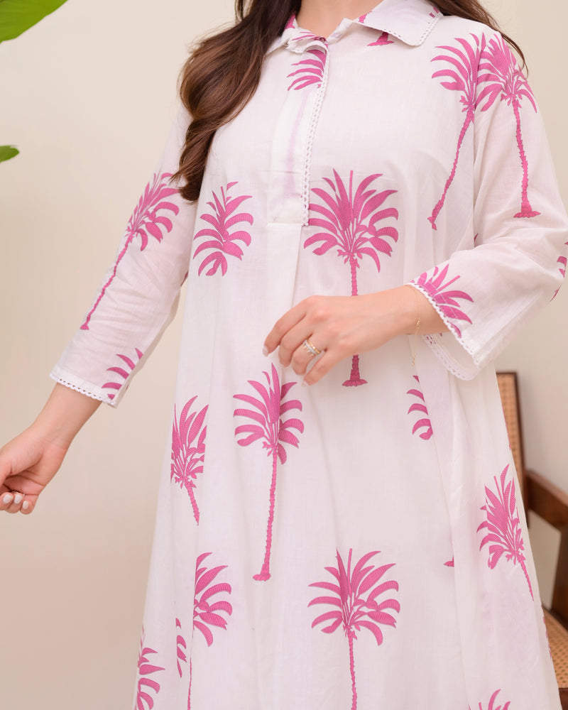 Pink Palm Breeze Mul Cotton A Line Kurta Set
