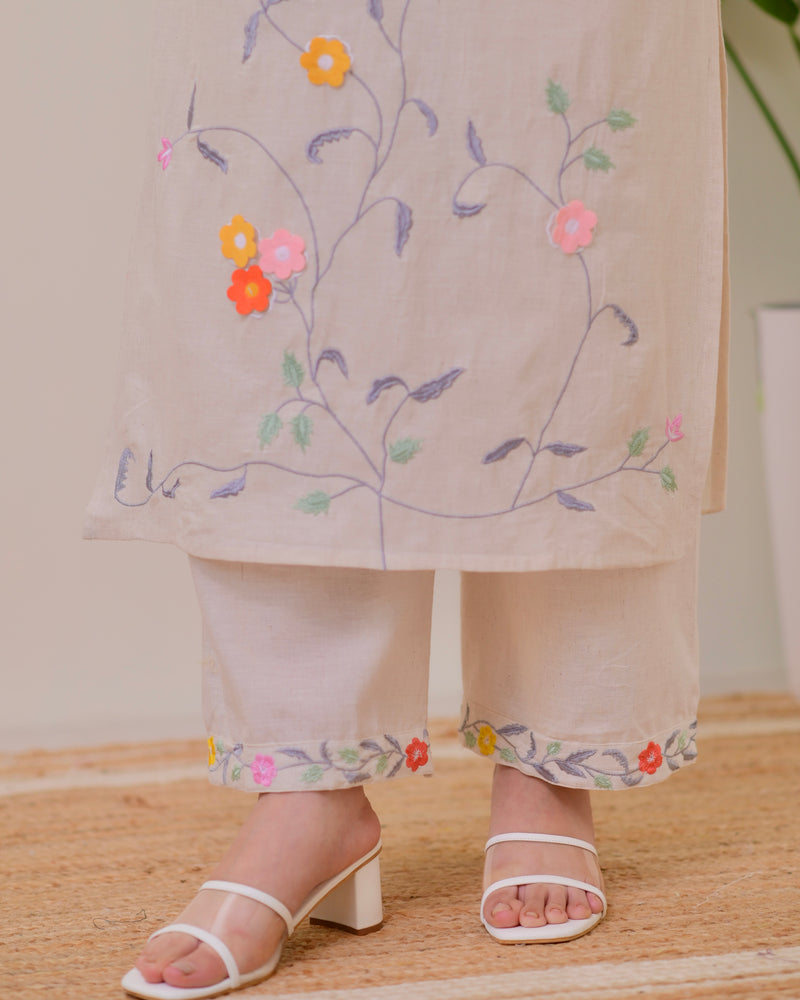 Ivory Linen Floral Threadwork Suit