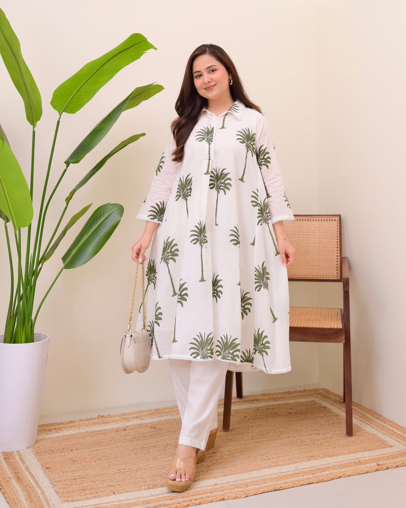 Green Palm Breeze Mul Cotton A Line Kurta Set