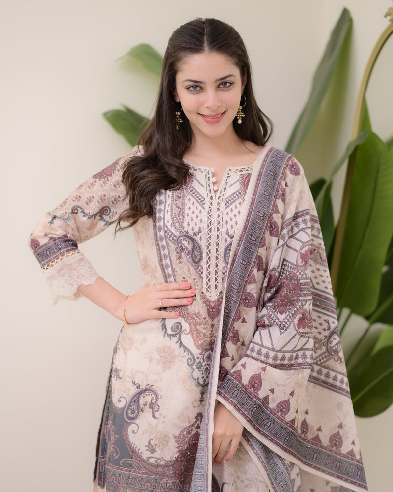 Ivory Pakistani Digital Printed Muslin Suit