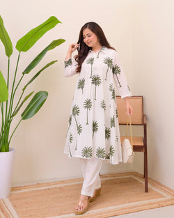 Green Palm Breeze Mul Cotton A Line Kurta Set