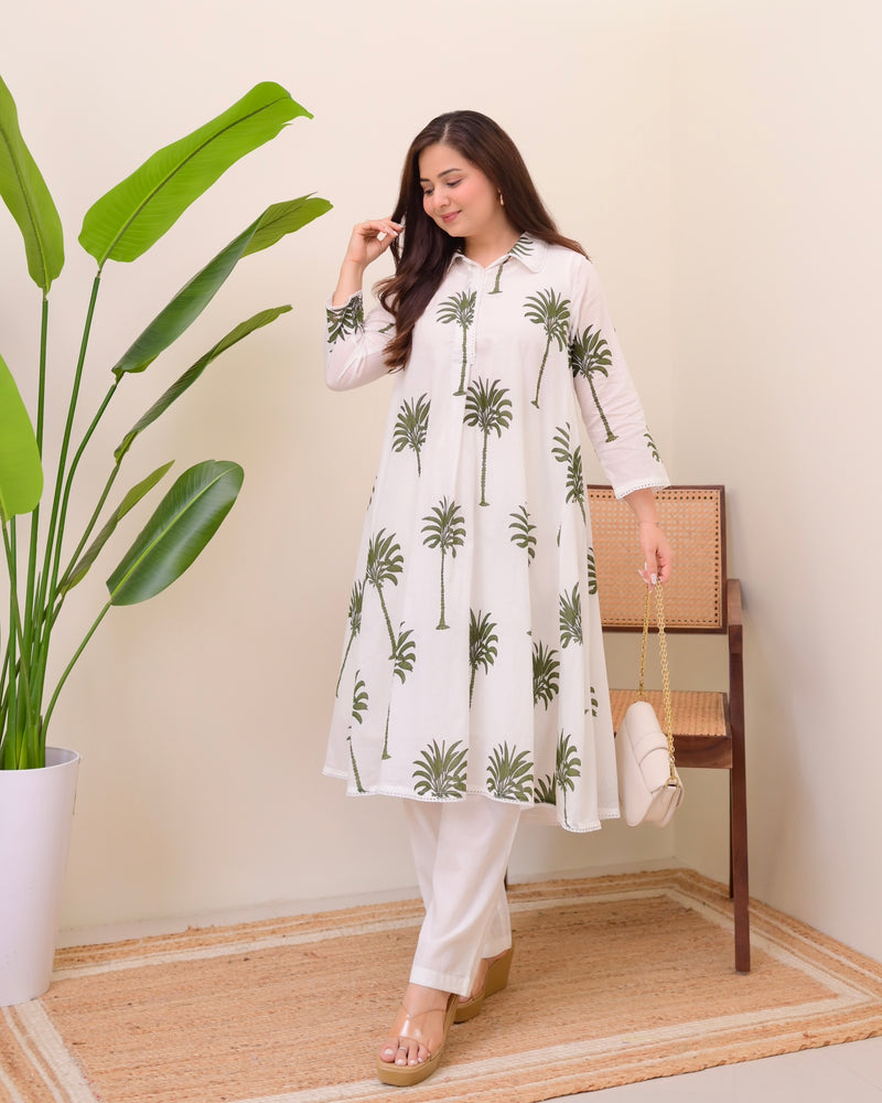 Green Palm Breeze Mul Cotton A Line Kurta Set