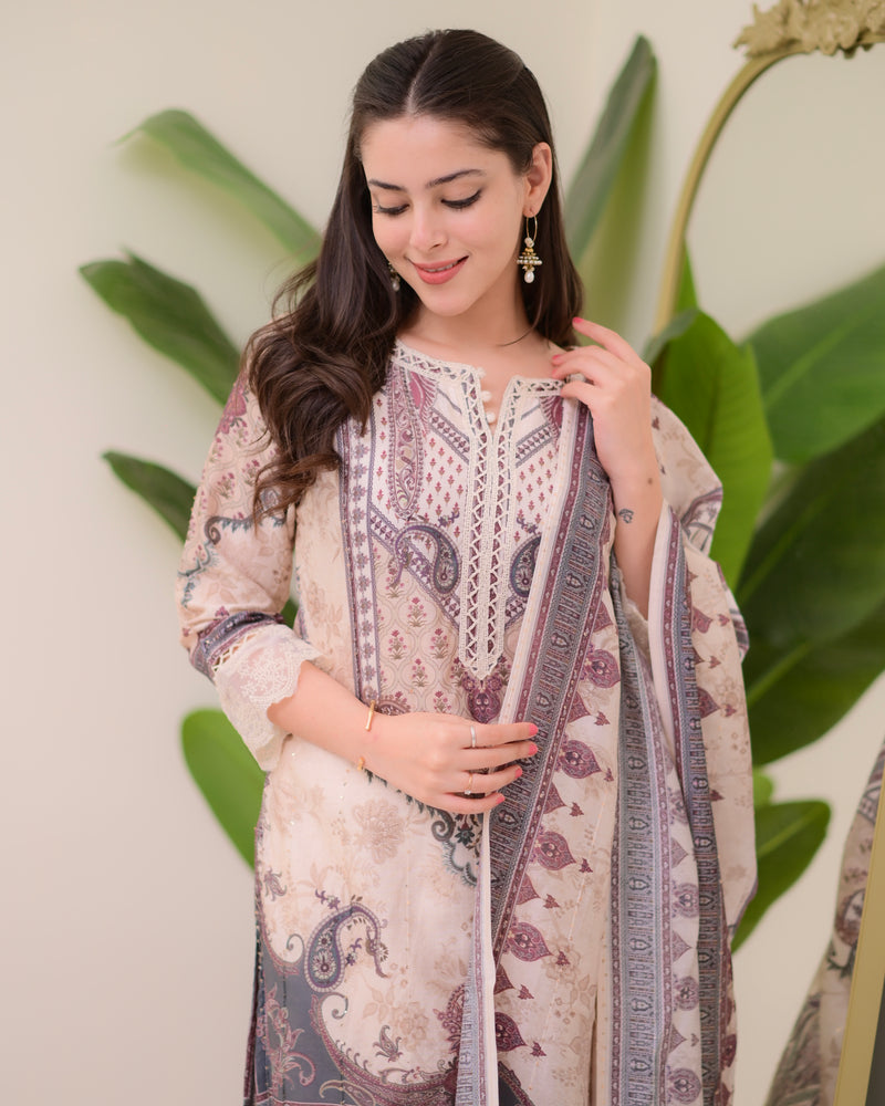 Ivory Pakistani Digital Printed Muslin Suit