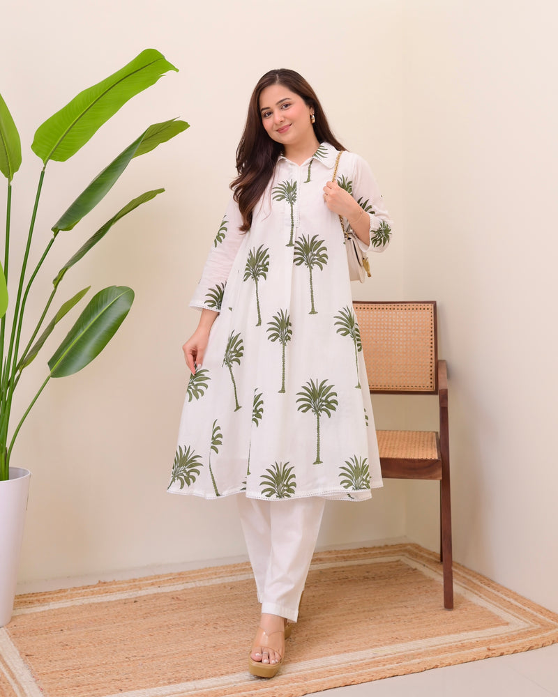 Green Palm Breeze Mul Cotton A Line Kurta Set