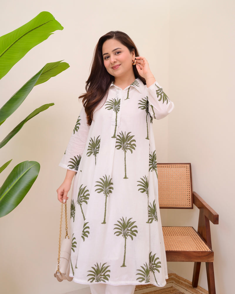 Green Palm Breeze Mul Cotton A Line Kurta Set