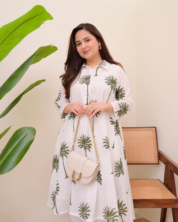 Green Palm Breeze Mul Cotton A Line Kurta Set