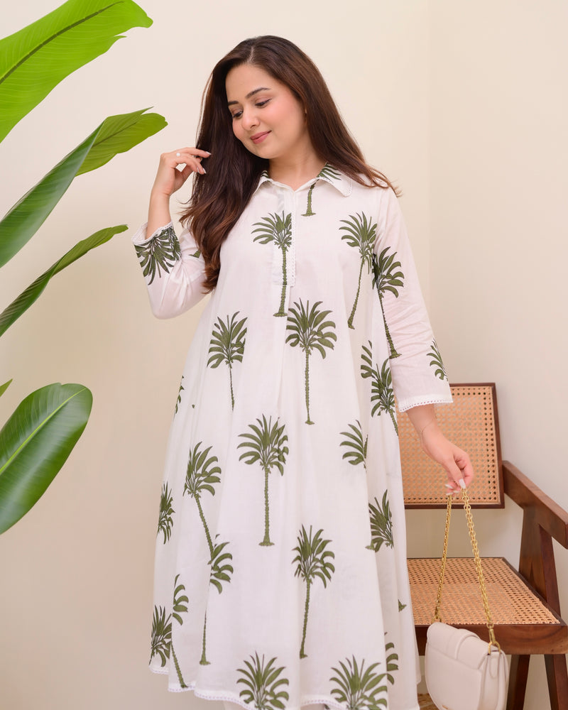 Green Palm Breeze Mul Cotton A Line Kurta Set