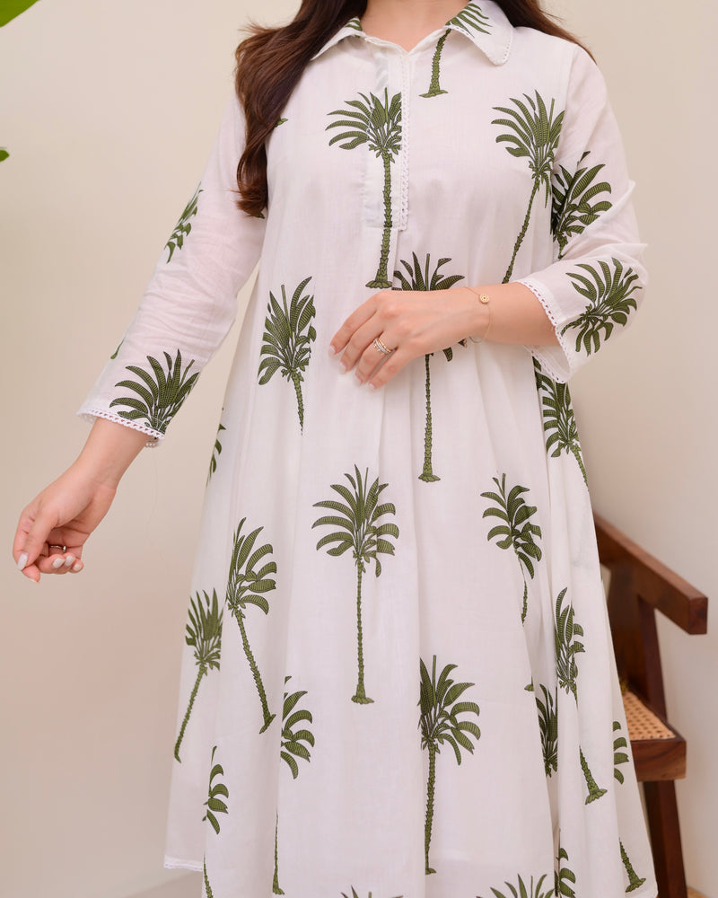 Green Palm Breeze Mul Cotton A Line Kurta Set