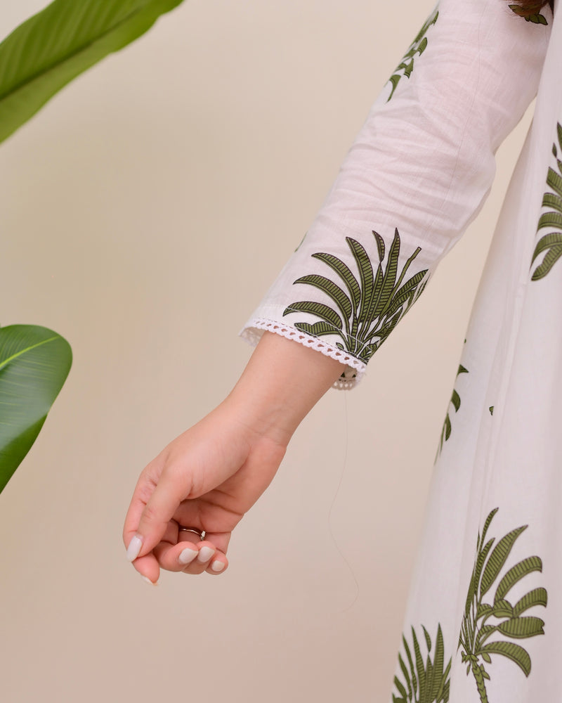 Green Palm Breeze Mul Cotton A Line Kurta Set