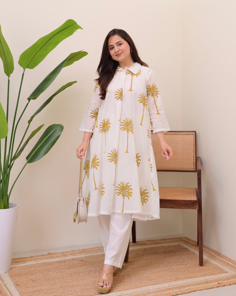 Mustard Palm Breeze Mul Cotton A Line Kurta Set