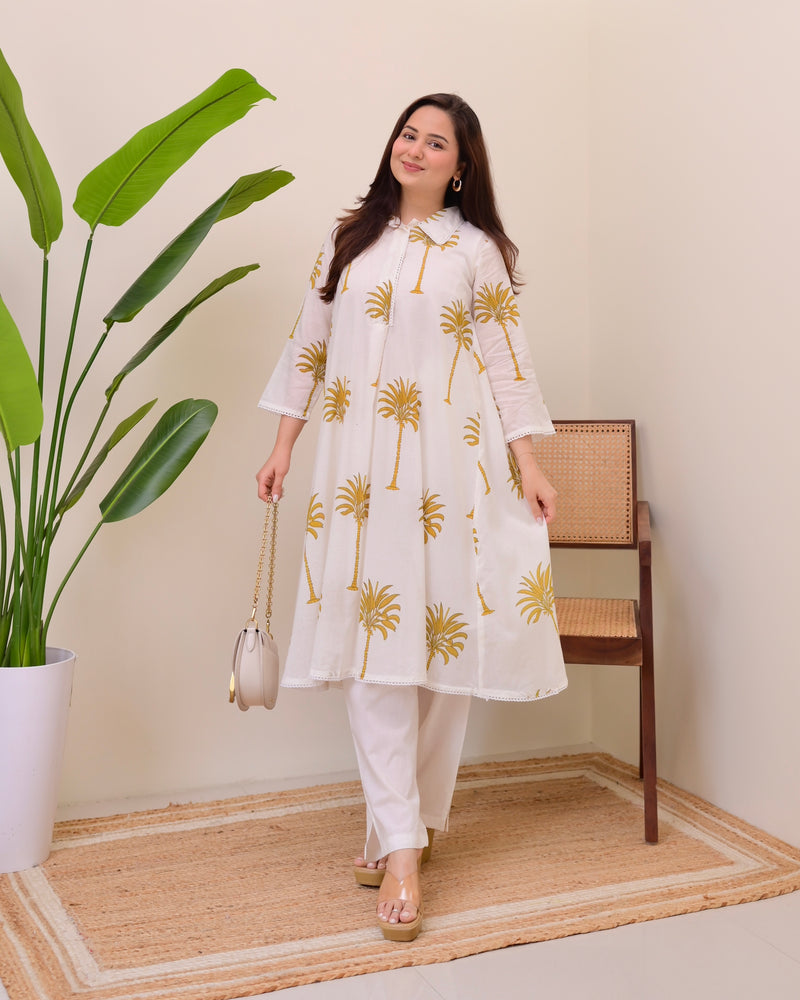 Mustard Palm Breeze Mul Cotton A Line Kurta Set