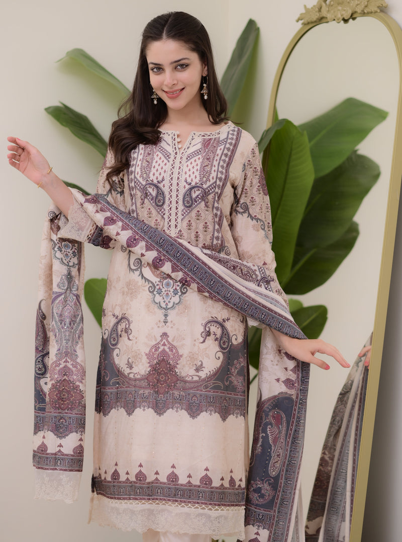 Ivory Pakistani Digital Printed Muslin Suit