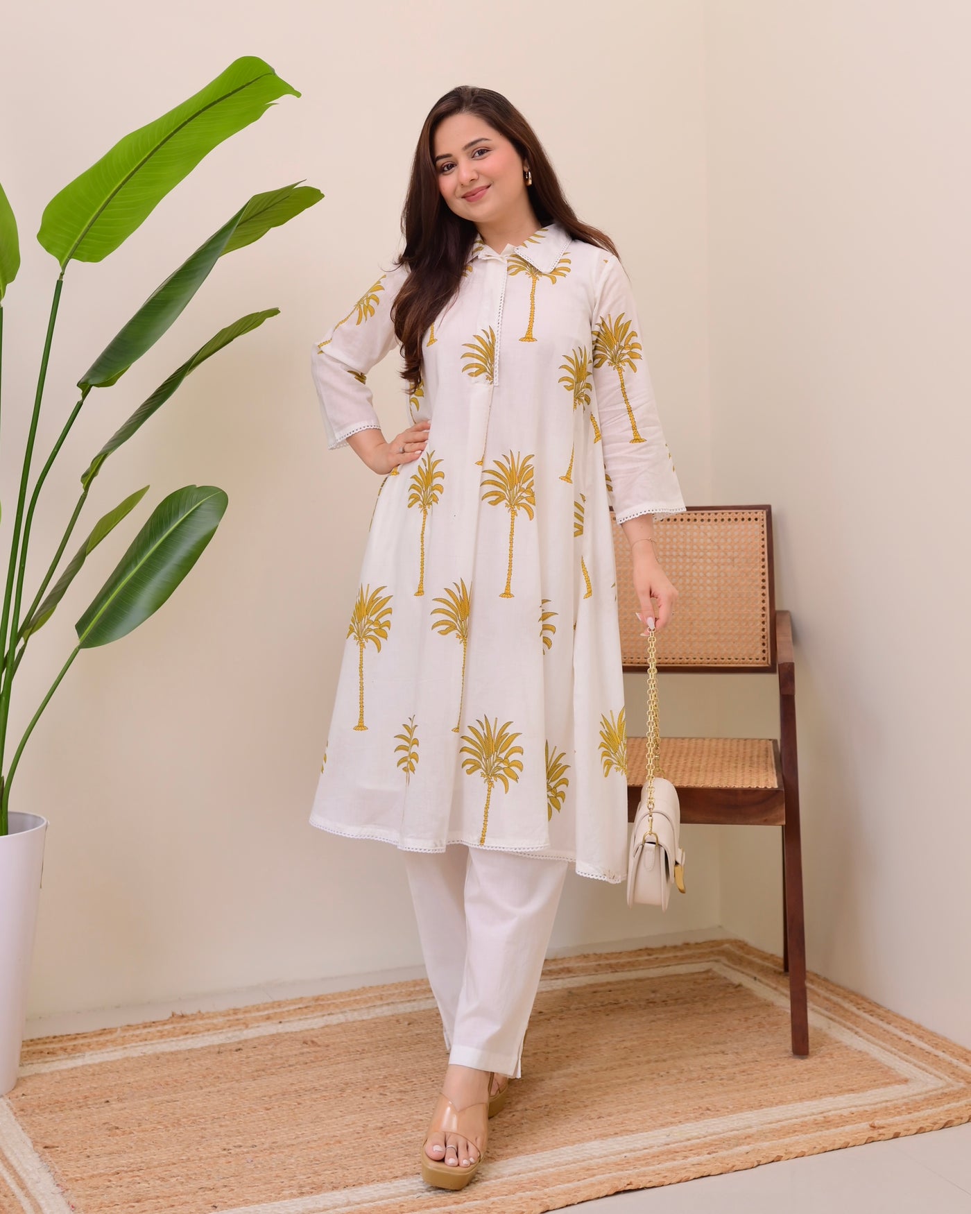 Mustard Palm Breeze Mul Cotton A Line Kurta Set