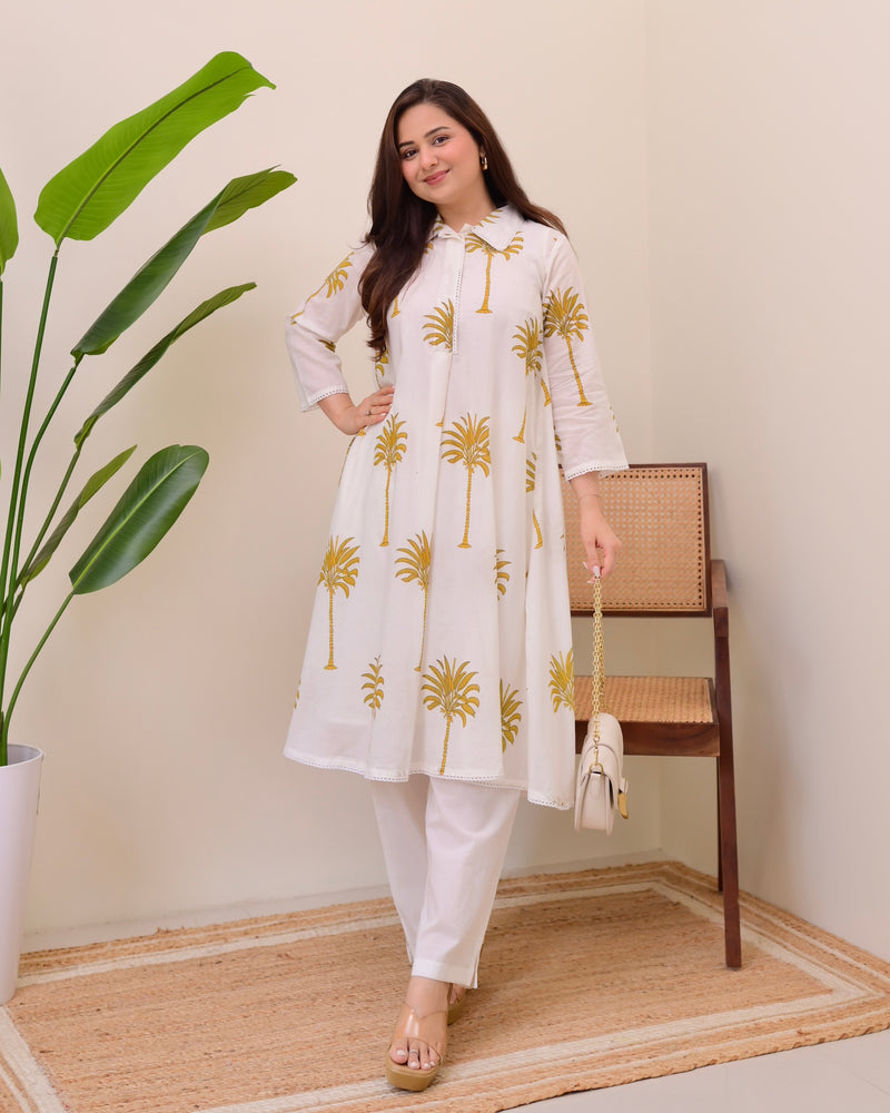 Mustard Palm Breeze Mul Cotton A Line Kurta Set