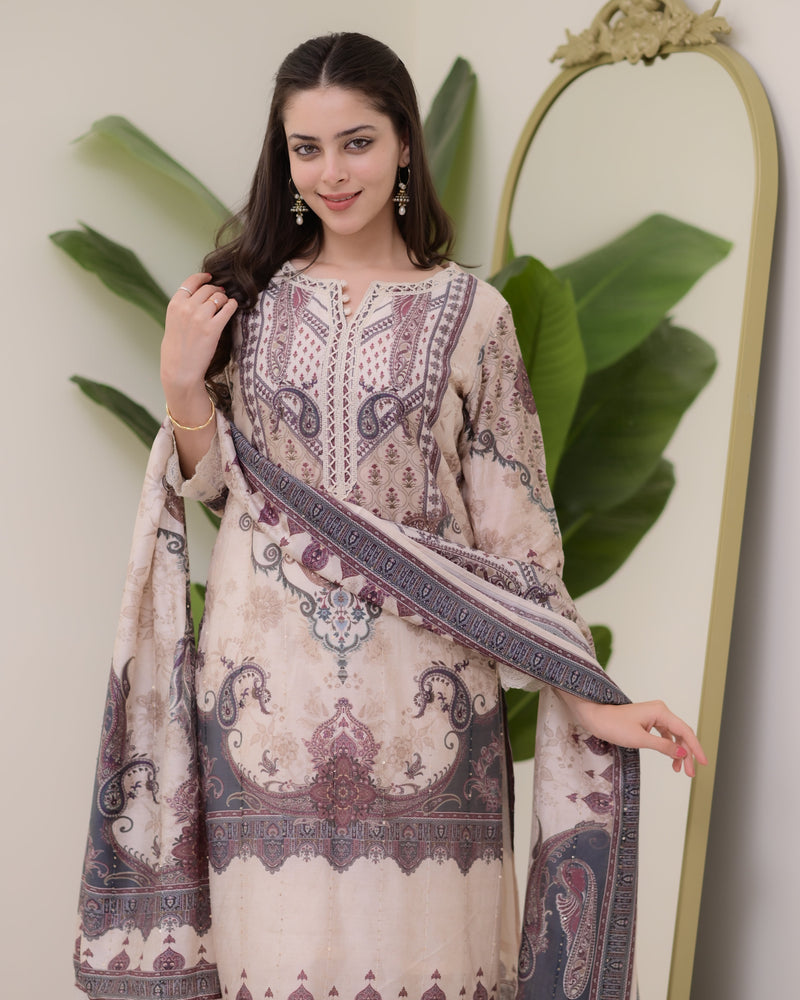 Ivory Pakistani Digital Printed Muslin Suit