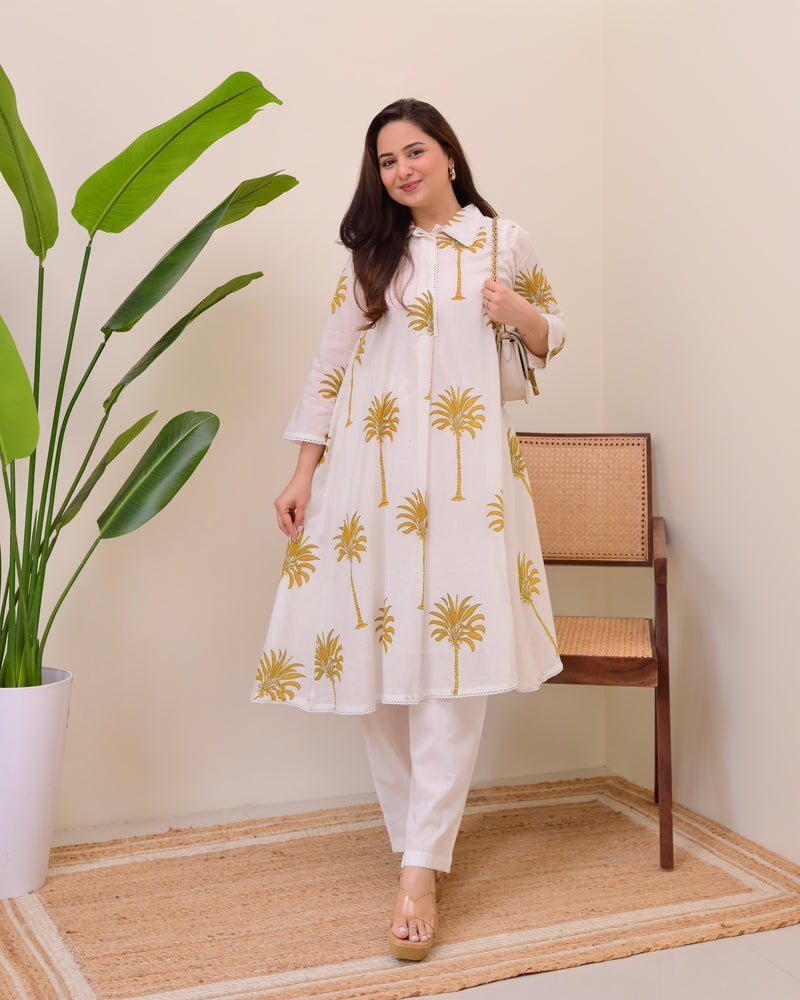 Mustard Palm Breeze Mul Cotton A Line Kurta Set