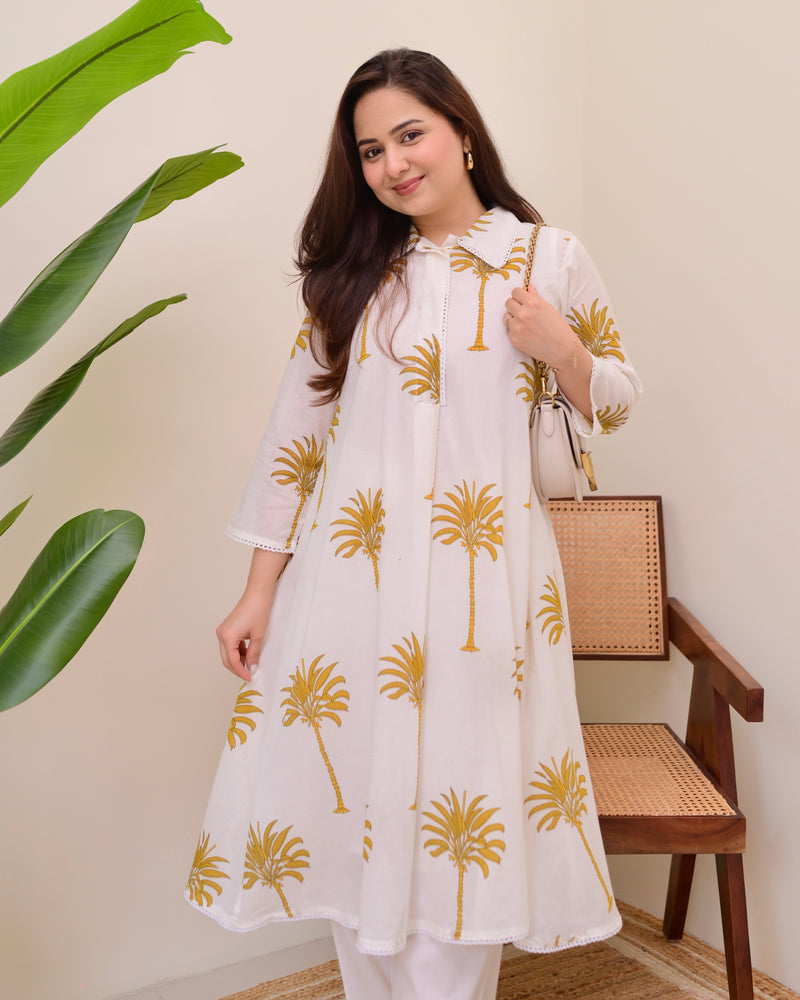 Mustard Palm Breeze Mul Cotton A Line Kurta Set