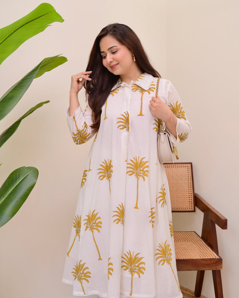 Mustard Palm Breeze Mul Cotton A Line Kurta Set