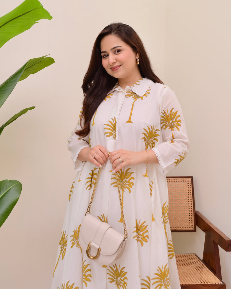 Mustard Palm Breeze Mul Cotton A Line Kurta Set