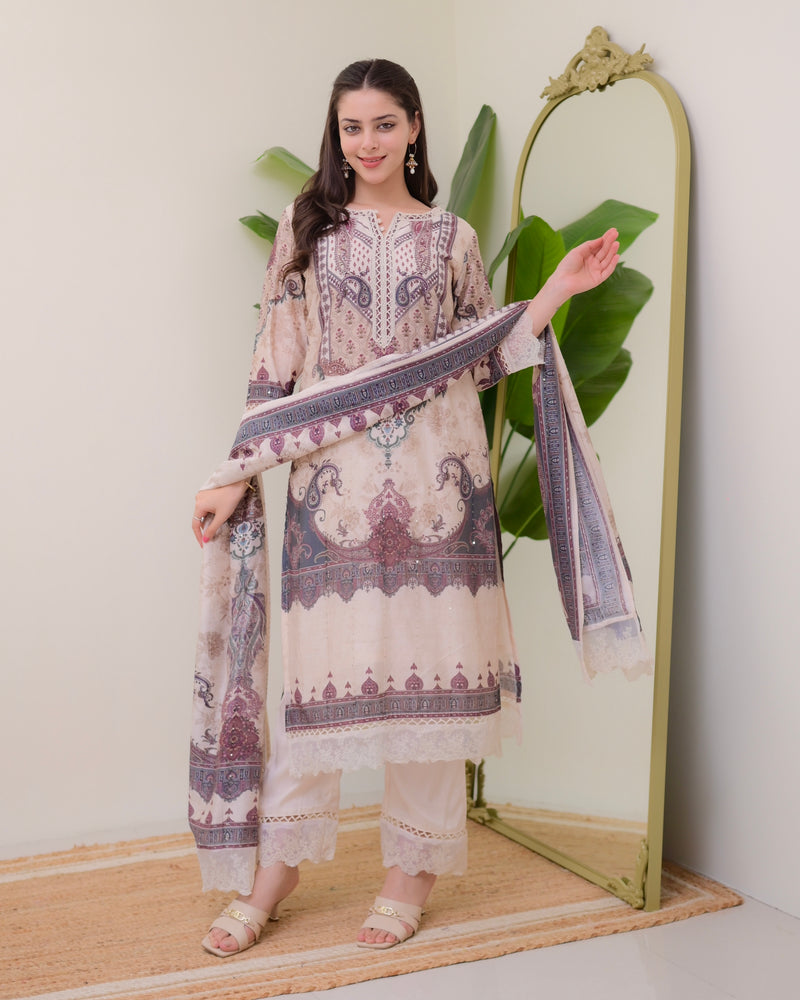 Ivory Pakistani Digital Printed Muslin Suit