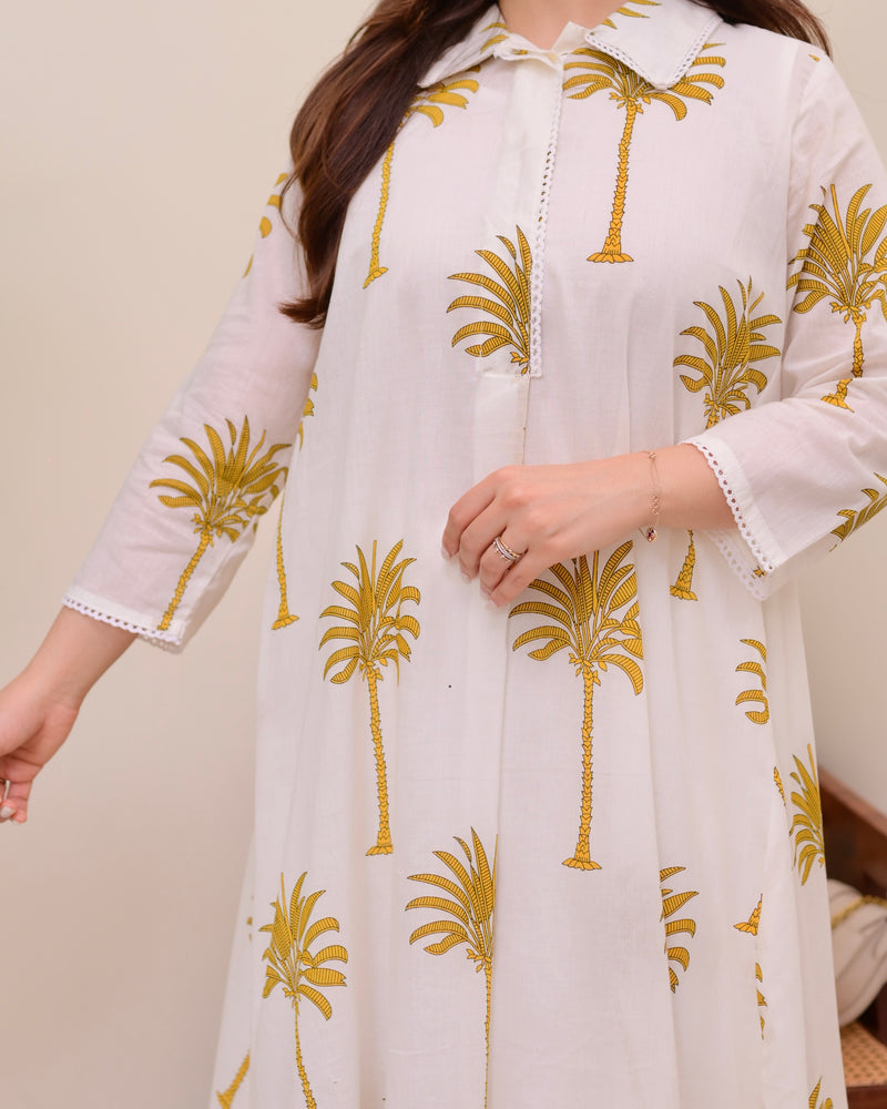 Mustard Palm Breeze Mul Cotton A Line Kurta Set