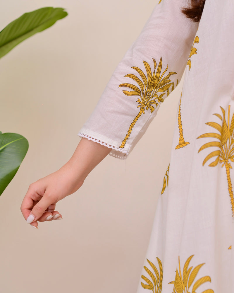 Mustard Palm Breeze Mul Cotton A Line Kurta Set