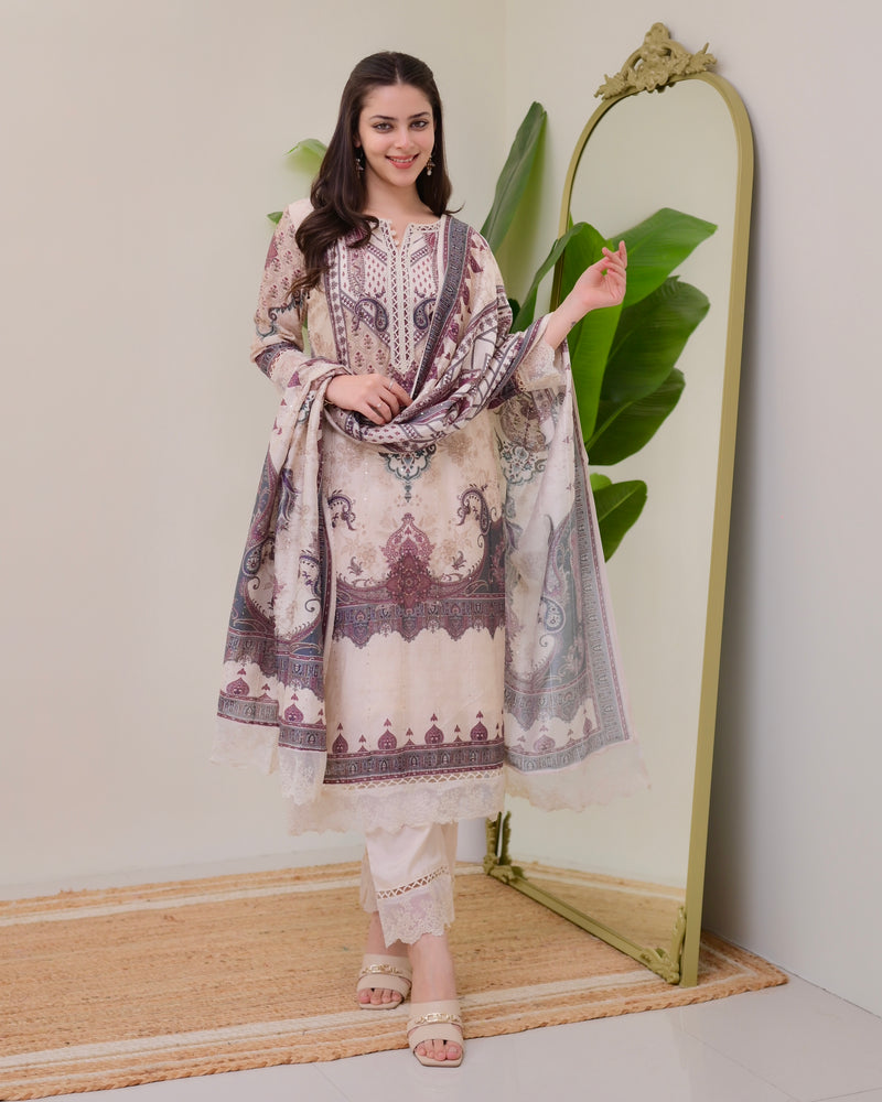 Ivory Pakistani Digital Printed Muslin Suit