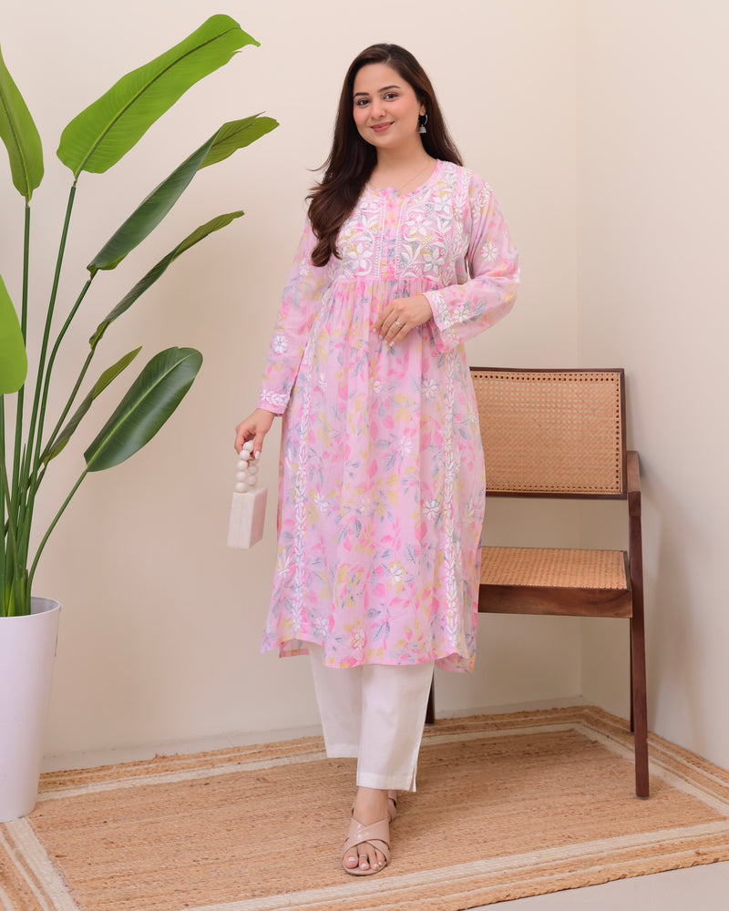 Pink Pastel Flora Mul Cotton Chikankari Kurta