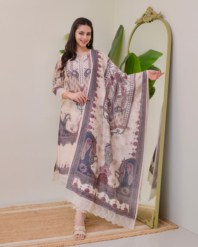 Ivory Pakistani Digital Printed Muslin Suit