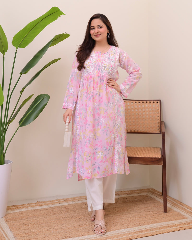 Pink Pastel Flora Mul Cotton Chikankari Kurta