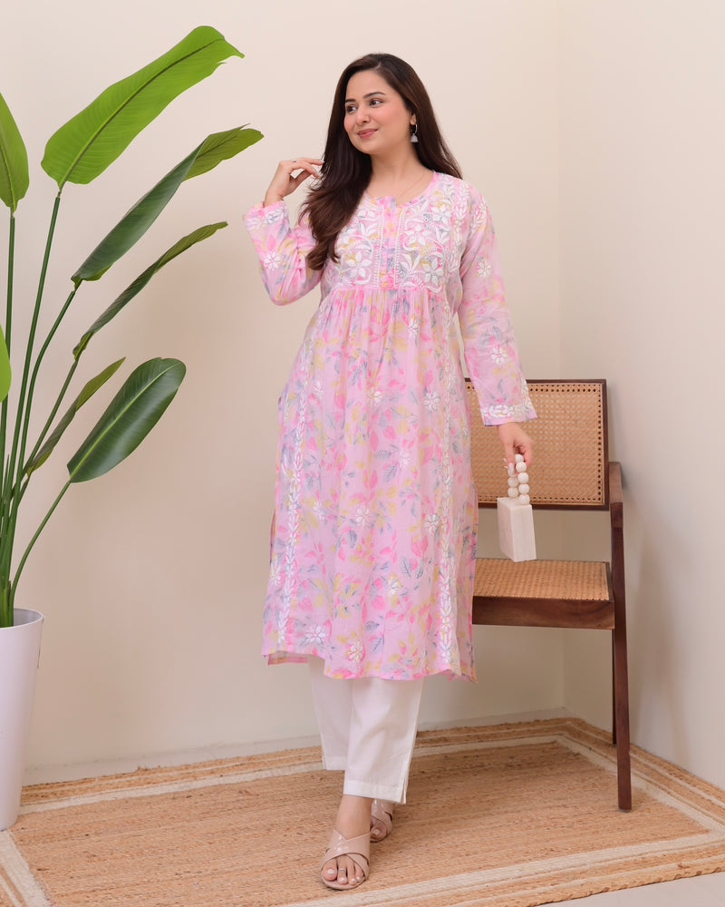 Pink Pastel Flora Mul Cotton Chikankari Kurta
