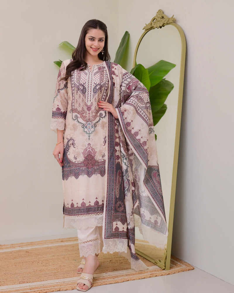 Ivory Pakistani Digital Printed Muslin Suit