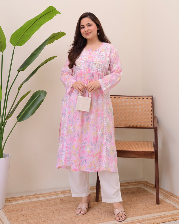 Pink Pastel Flora Mul Cotton Chikankari Kurta