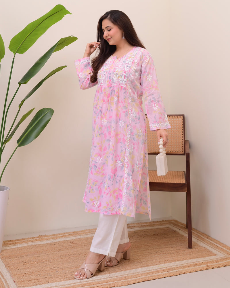 Pink Pastel Flora Mul Cotton Chikankari Kurta
