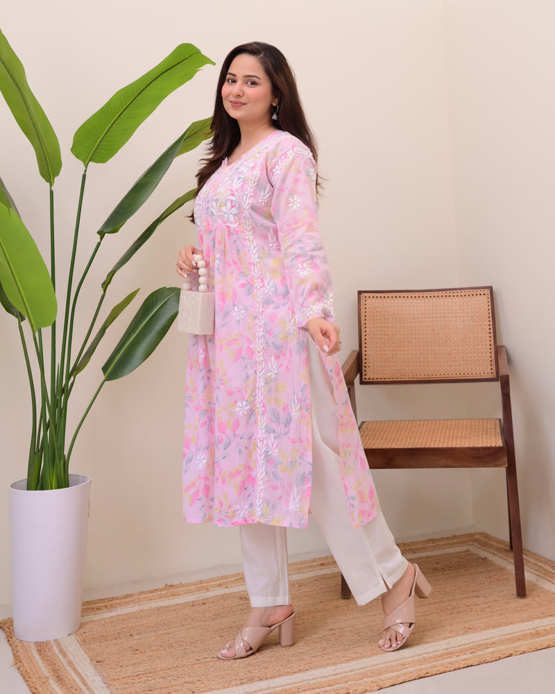 Pink Pastel Flora Mul Cotton Chikankari Kurta