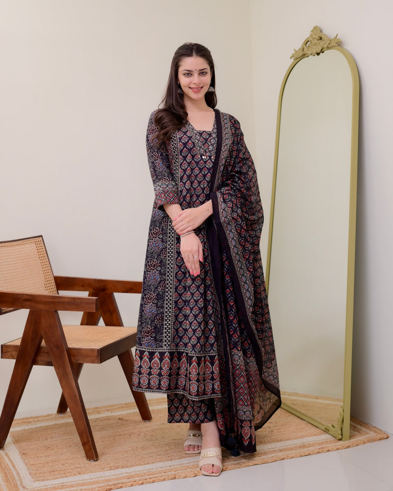 Black A Line Printed Premium Cotton Suit