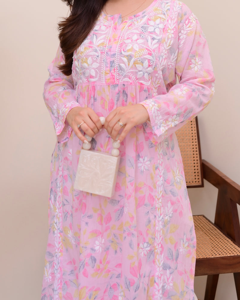 Pink Pastel Flora Mul Cotton Chikankari Kurta