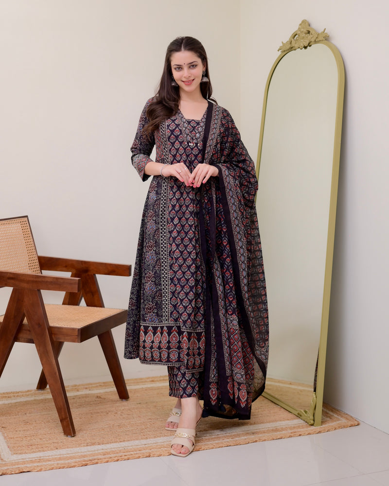 Black A Line Printed Premium Cotton Suit