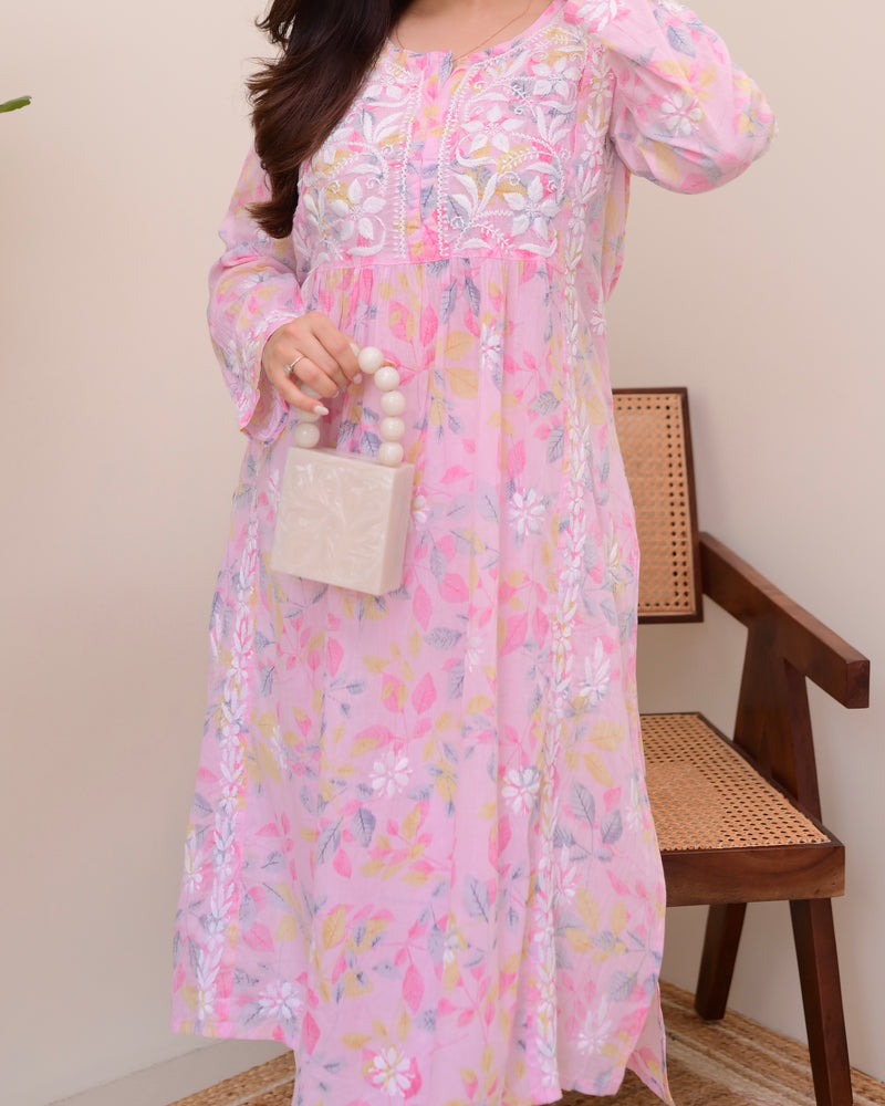 Pink Pastel Flora Mul Cotton Chikankari Kurta