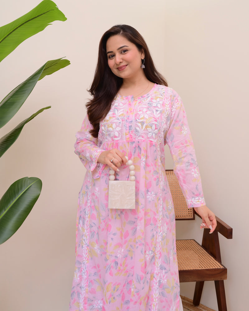 Pink Pastel Flora Mul Cotton Chikankari Kurta