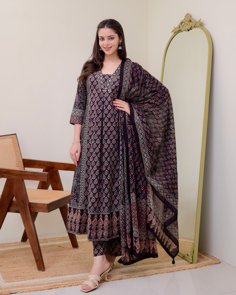Black A Line Printed Premium Cotton Suit