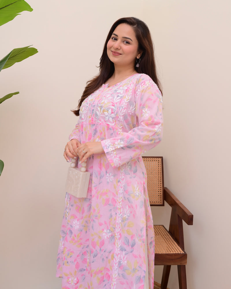 Pink Pastel Flora Mul Cotton Chikankari Kurta
